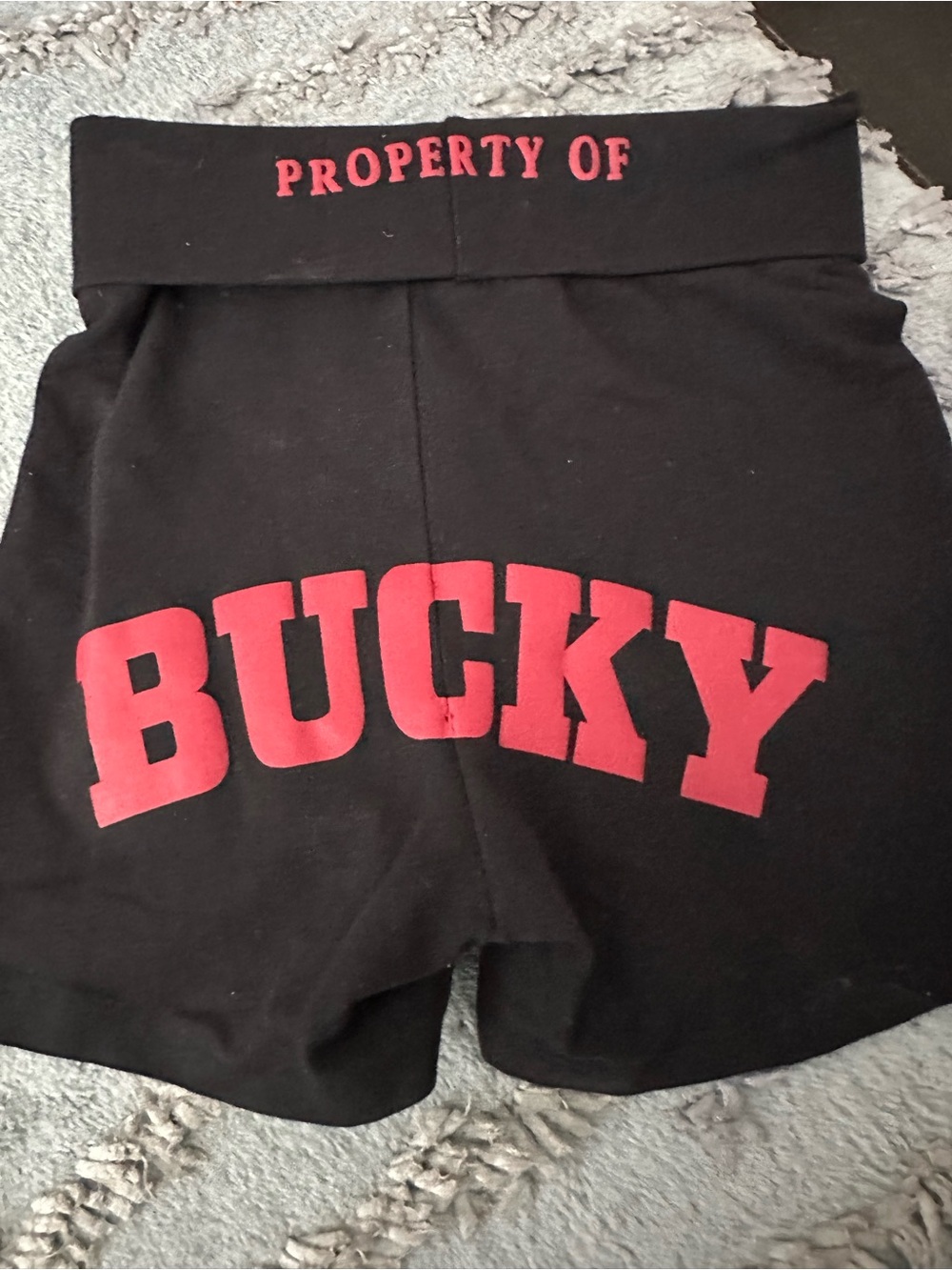 Wisconsin fold over Black Shorts with Red "BUCKY" Print